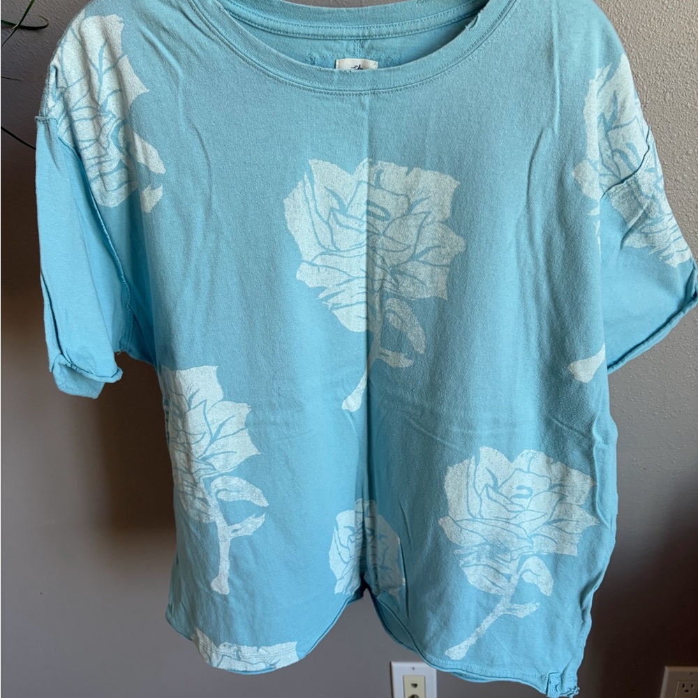 Free People Light Blue Floral Crewneck Tee